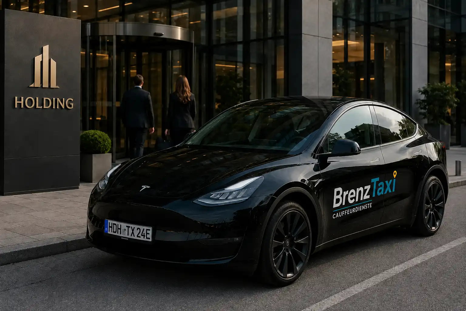 Schwarzer Tesla mit BrenzTaxi-Logo